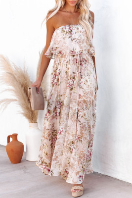 Beige Strapless Floral Print Maxi Dress
