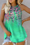 Green Floral Print Halter Neck Tank Top