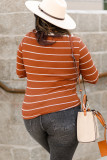 Brown Extend Color Block Cuffs Rib Knit Striped Pullover