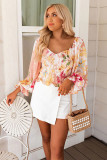 V Neck Bishop Sleeves Floral Smocked Top