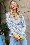 Striped Knit Button Neck Long Sleeve Top