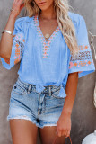 Sky Blue Tassel Drawstring Embroidered Half Sleeve V Neck Top