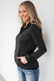 Black Heathered Turn-down Collar Pullover Sweatshirt