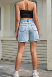 Plain Crossover Waist Mid Length Denim Shorts