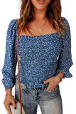 Blue Square Neck Puff Sleeve Floral Smocked Top