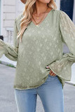 V Neck Lace Sheer Flare Sleeves Blouse
