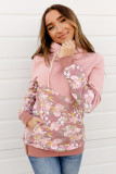 Pink Floral Splicing Cowl Neck Hoodie