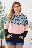 Plus Size Leopard Colorblock Splicing Hoodie with Pocket