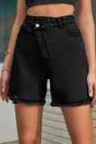 Plain Crossover Waist Mid Length Denim Shorts