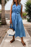 Sleeveless Button Pocket Waist Tie Denim Dress
