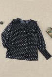 Black Smocked Ruffle Trim Blouse