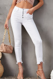 White Plain High Waist Buttons Frayed Cropped Denim Jeans