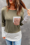 Green Stripe Pocket Sequins Splicing Long Sleeve Top