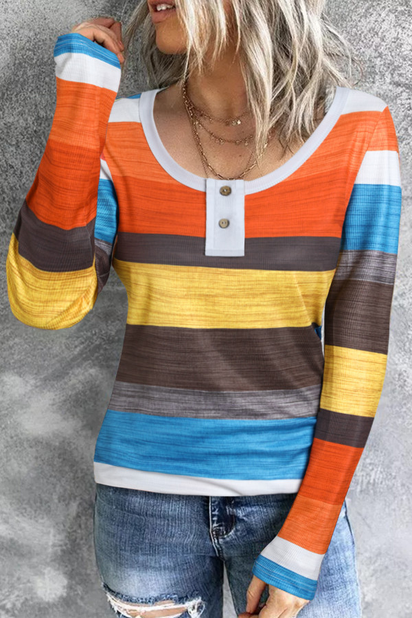 Stripe Multicolor Knit Button Notched Neck Top