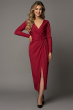 Wine Red Long Sleeve V Neck Twist Front Slit Long Dress