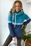 Sky Blue Drawstring Cowl Neck Colorblock Hoodie