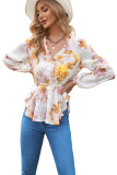 Floral V Neck Ruffle Tie Waist Bubble Sleeve Blouse