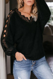 Black Lace Splicing V Neck Pullover Sweater
