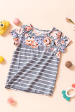 Gray Round Neck Floral Striped Print Kid's Tee