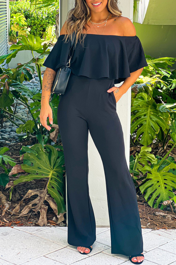Black Ruffled Off Shoulder High Waist Jumpsuit