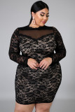Black Long Sleeve Lace Mesh Splicing Floral Plus Size Dress