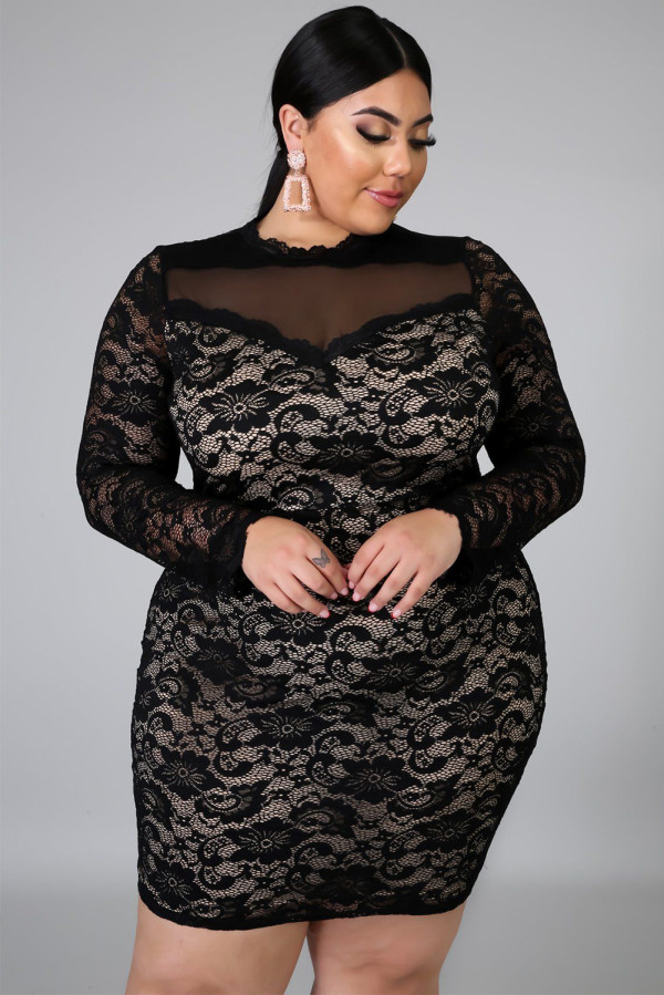 Black Long Sleeve Lace Mesh Splicing Floral Plus Size Dress