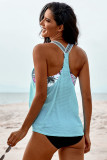 Sky Blue Printed Splicing Racerback Tankini