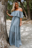 Sky Blue Off Shoulder Ruffle Swiss Dot Maxi Dress