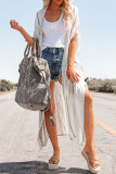 White Striped Print Drawstring Open Front Kimono