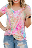 Colorful Leopard V Neck Short Sleeve Top