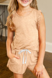 Apricot Solid Color Girl's Ruffle Tank and Drawstring Shorts Set