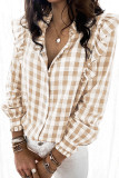 Khaki Plaid Print Ruffled Buttoned Shirt