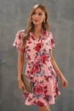 Pink Floral Print Split Neck Flutter Sleeve Flowy Tunic Mini Dress