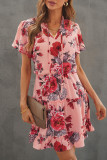 Pink Floral Print Split Neck Flutter Sleeve Flowy Tunic Mini Dress