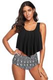 Black Geometric Crop Ruffled Overlay High Waist Tankini
