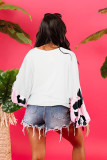 Pink Leopard Splicing Waffle Knit Puff Sleeve Blouse
