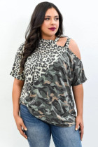 Leopard Camo Splicing Asymmetric Cold Shoulder Plus Size Top