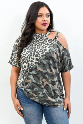 Leopard Camo Splicing Asymmetric Cold Shoulder Plus Size Top