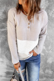 Gray Splicing Buttoned Knitted Long Sleeve Sweater