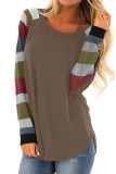 Color Block Long Sleeves Brown Pullover Top