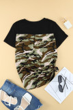 Black Women's Casual Camo Printed Splicing Pullover Pocket T-shirt