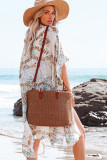 White Pattern Print Open Front Kimono with Side Slit