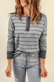 Gray Striped Color Block Buttoned Waffle Knit Shirt