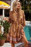 Orange Boho Floral Print Bishop Sleeve Mini Dress