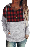 Red Plaid Splicing Pocketed Gray Hoodie