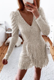 Sequin Ruffle Hemline Wrap V Neck Mini Dress