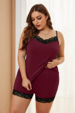 Wine Plus Size Pajamas Set with Lace Trim