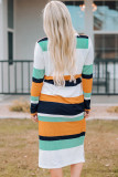 Green Multicolor Block Drawstring Waist Long Sleeve Midi Dress