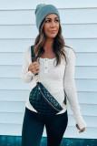 White Crewneck Buttons Ribbed Knit Long Sleeve Top