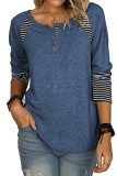 Blue Casual Striped Color-Block Crew Neck Shirt